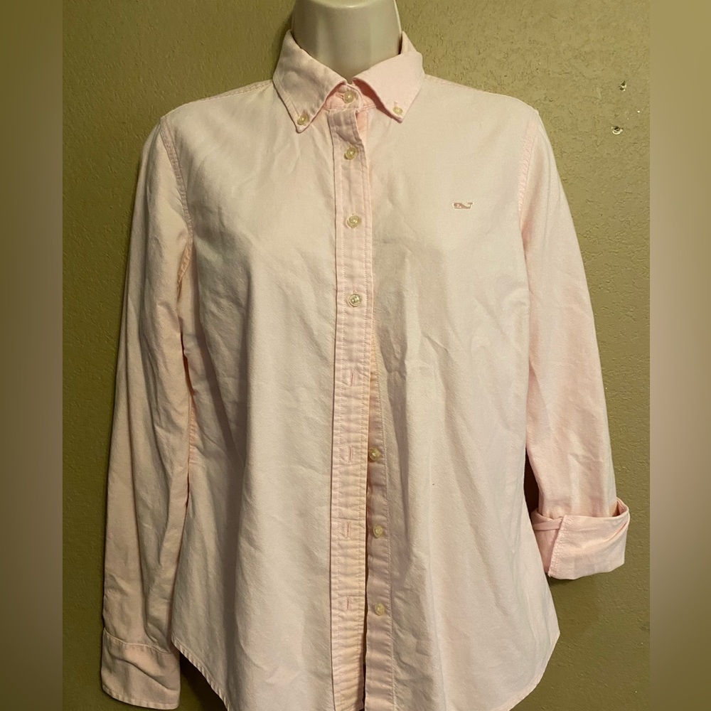 Vineyard Vines Women Medium Light Pink Button-Down Shirt Embroidered Whale Logo